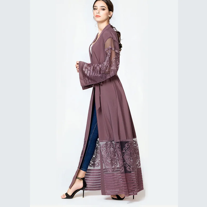 Осенняя блуза размера плюс Mujer De Moda abaya Женский Длинный Шифоновый кружевной кардиган-кимоно Mujer Roupa корейская модная одежда