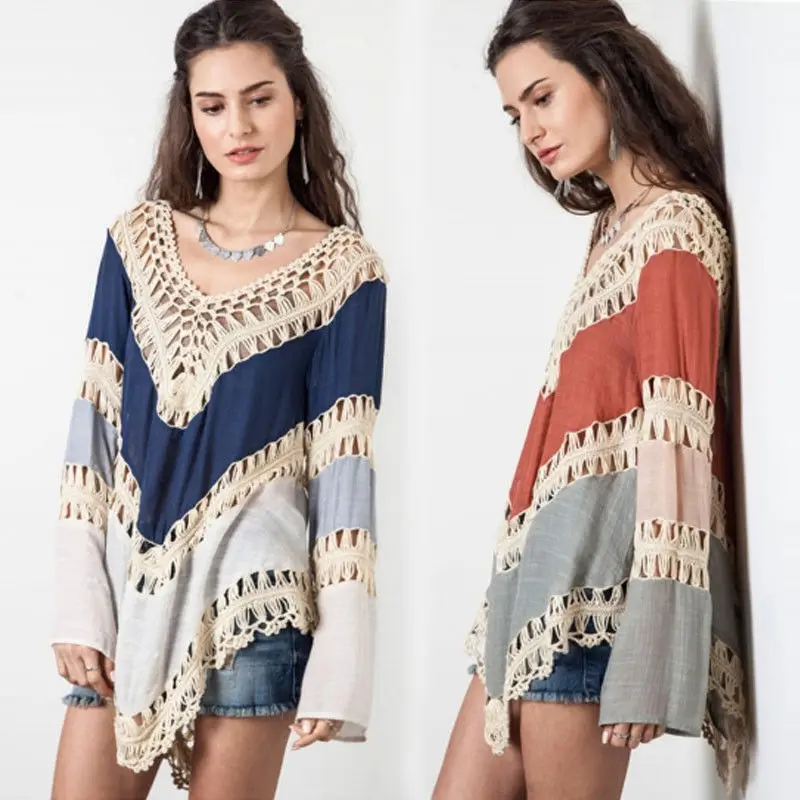

Women Ladies Casual Long Sleeve Shirt Hollow Out V-Neck Tops Blouse Loose Fashion Blouse