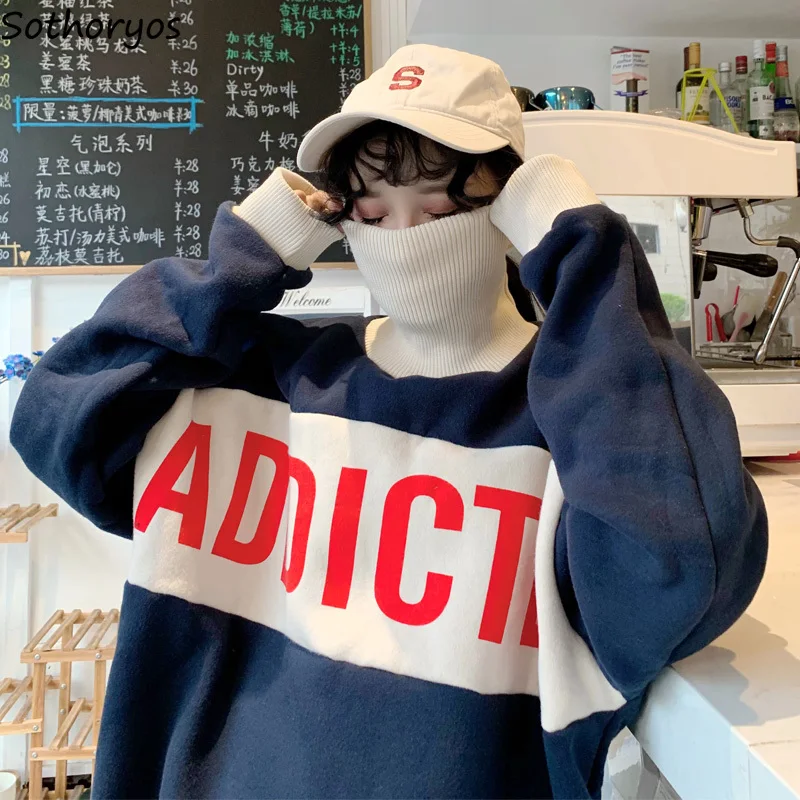 Толстовки женские толстые плюс бархатные водолазки с буквенным принтом Harajuku одежда женские большие размеры корейский Ulzzang топы с длинными рукавами
