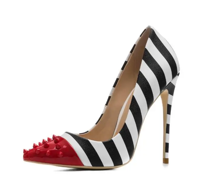 

2018 Spring Autumn brand ladies zebra pointed toe thin high heel shoes striped sexy rivets shallow mixed colors pumps women