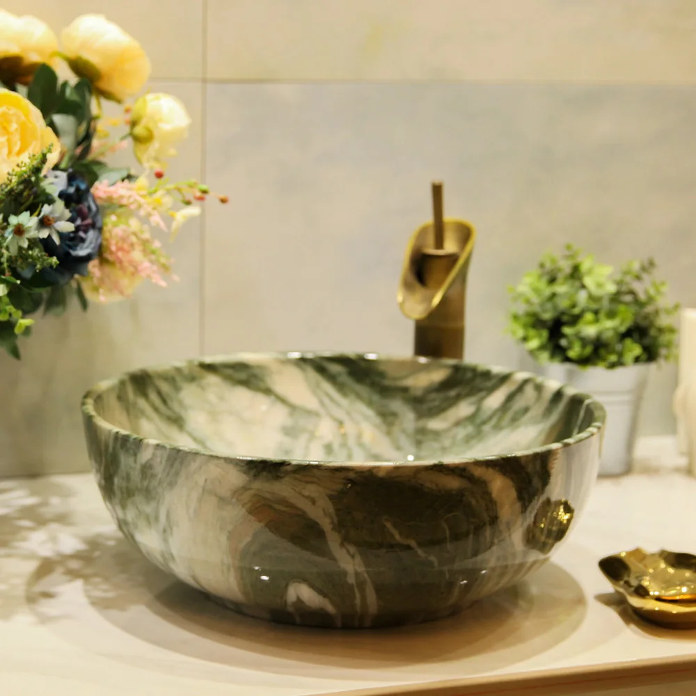 Китайский круглый керамический умывальник над прилавком раковина