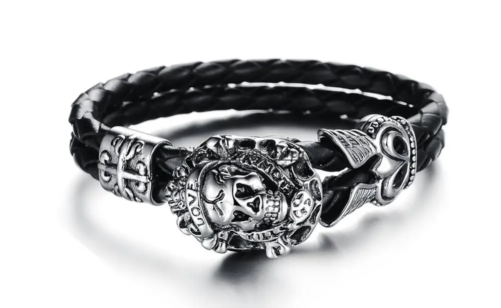 

Fashion Men's Stainless Steel Braided Leather "Love" Bracelet Bangle Black Skull Gothic Cross Birthday Gift (with Gift Bag)