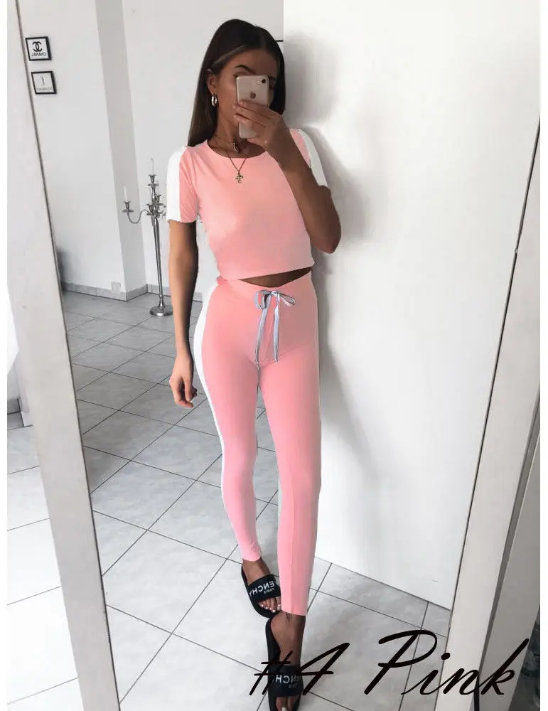 4 Pink Хит, Модный женский спортивный костюм, короткий рукав, укороченный топ, штаны, комплект, одежда для отдыха, пуловер, Осенний повседневный костюм, Новинка - Цвет: 4 Pink