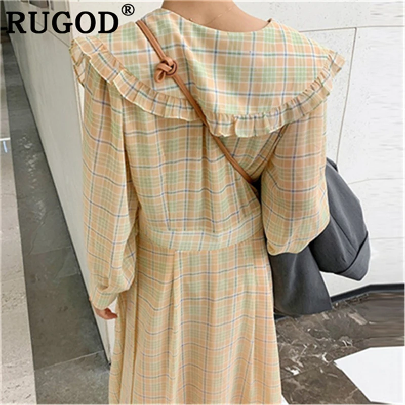 RUGOD корейский плед Питер Пэн воротник женское платье|Женские платья| |