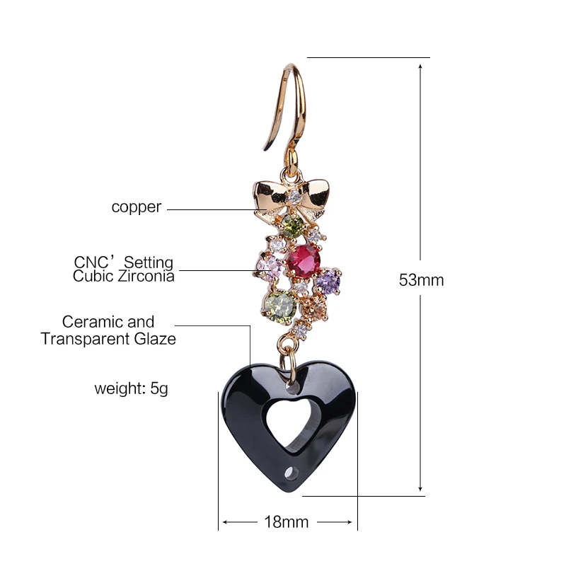 TUHE женские серьги розовое золото бант с цветными стразами черные керамические