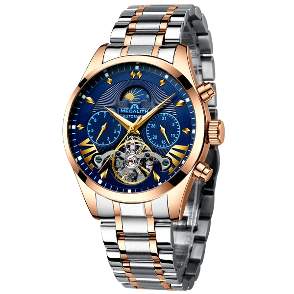 MEGALITH Мужские автоматические механические наручные часы tourbillon кожаные водонепроницаемые бизнес часы мужские спортивные наручные часы Relojes Hombre - Цвет: steel rosegold blue
