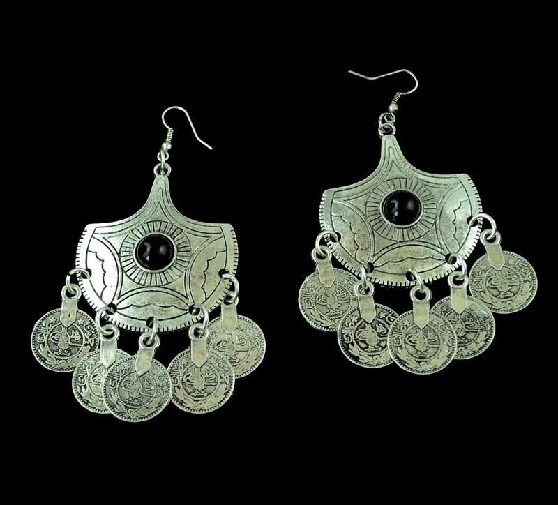 Турецкие jhumkas индийские серебряные монеты падение цыганский Бохо-Стиль Пляж этнический Племенной фестиваль червленые ювелирные изделия серьги с кисточками Женщины