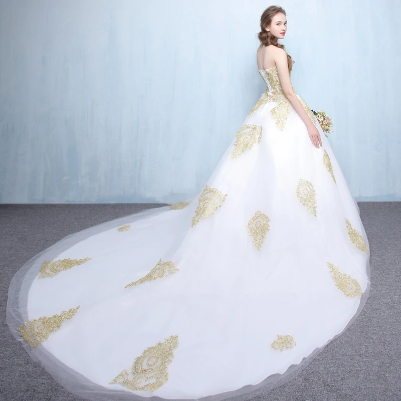 Женское платье с длинным шлейфом FADISTEE Золотое кружевное из тюля для свадебной