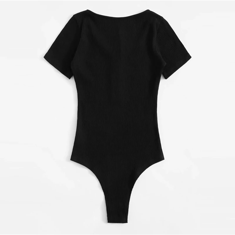 SweatyRocks цельное кольцо с глубоким вырезом, боди, уличная одежда, Женский Повседневный комбинезон,, летние обтягивающие черные базовые боди