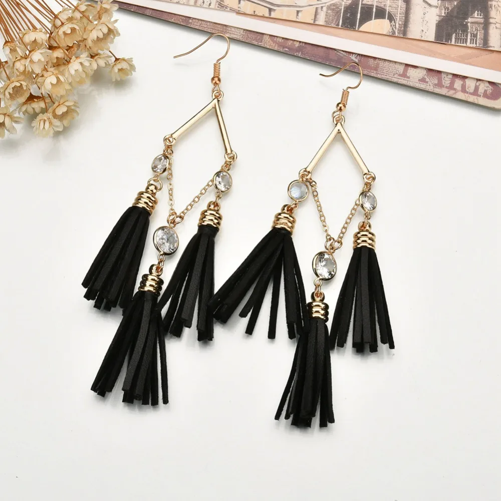 В богемном стиле черные кожаные кисточкой серьги очарование хрустальные бусины