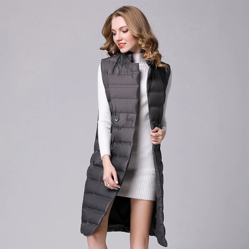 Женский модный белый длинный жилет на утином пуху женский ультра легкий теплый