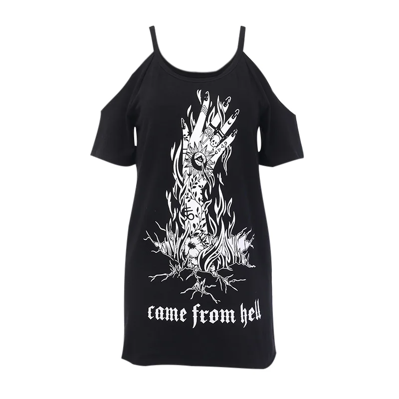 Black Gothic Witch Black Loose T-shirts Summer Fingers Printe Off Shoulder Punk Streetwear T-shirt Short Sleeve Harajuku Long T-shirt - Цвет: Black
