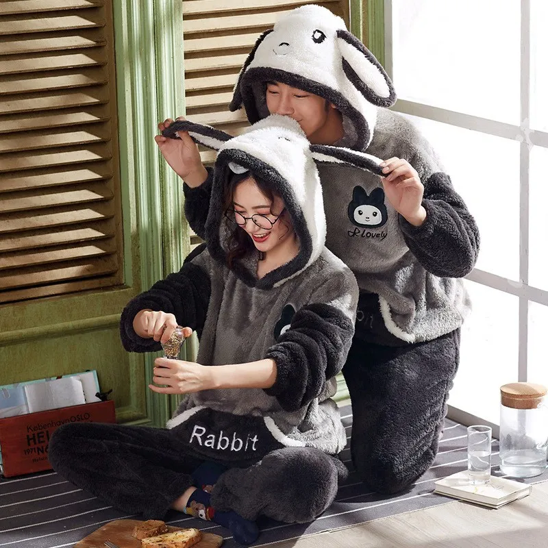 JINUO New Arrival 4 Styles Winter Young Couples Coral Fleece Thicken Pajama Sets Lovers Cartoon Warm Soft Home Wear Sleepwear | Мать и