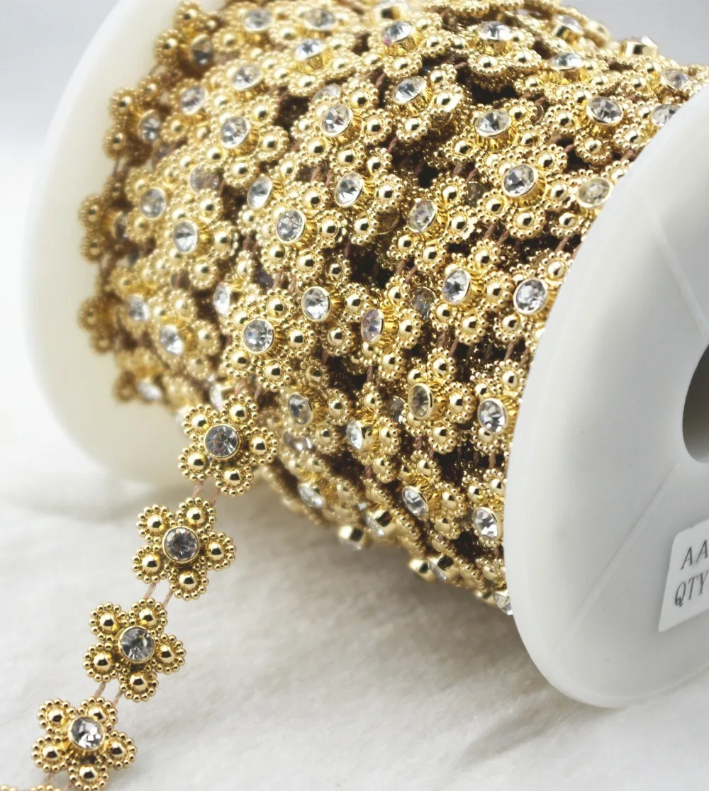 10 ярдов 14 мм золотой жемчуг цветок цепь планки швейный костюм с аппликацией