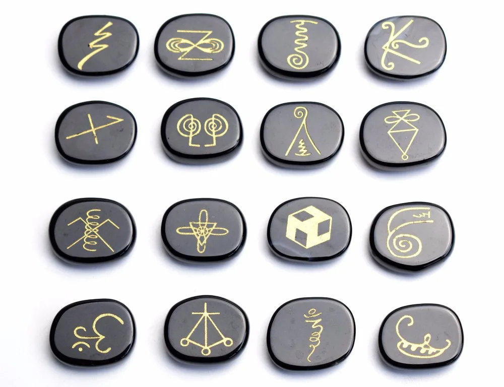 16 PIECES Natural Chakra Black Obsidian Engraved Crystal Reiki KARUNA Magic Symbols Healing Palm Stones Set with a Free Pouch | Дом и сад