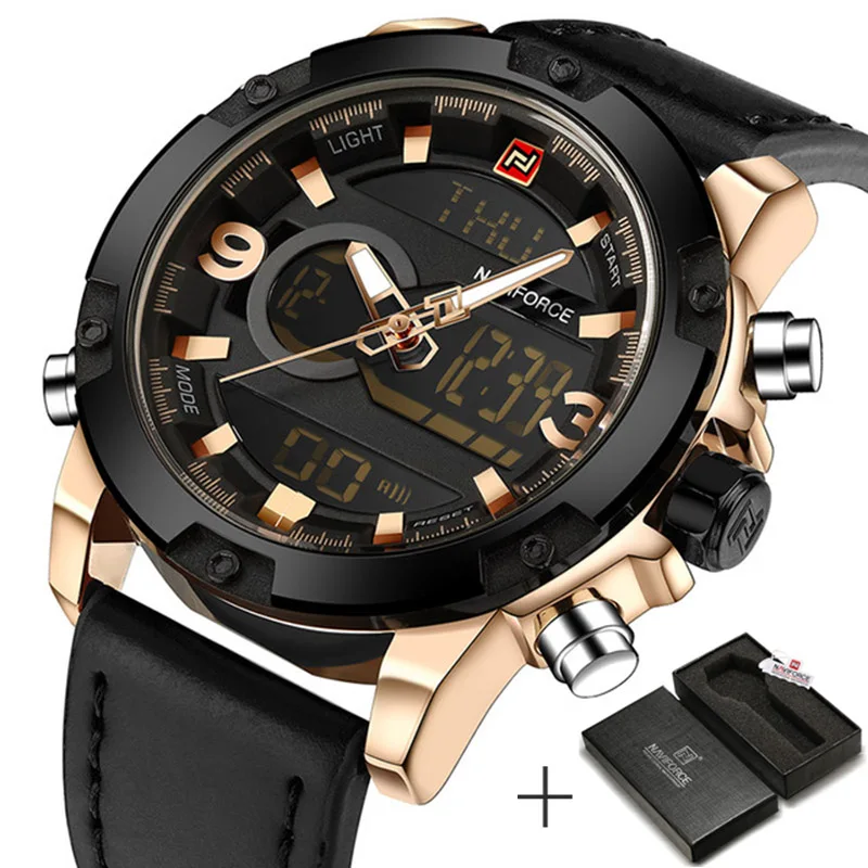black gold NAVIFORCE люксовый бренд Мужские Аналоговые Цифровые кожаные спортивные часы мужские армейские военные часы Мужские кварцевые часы Relogio Masculino - Цвет: black gold