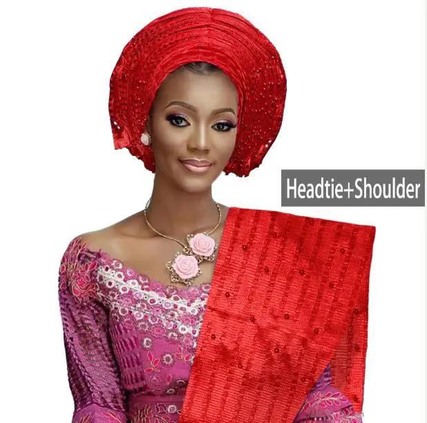 Red Различные цвета Африканский Авто геле головной убор для женщин aso oke головные уборы бисером африканский геле с плечом хорошее качество - Цвет: Red