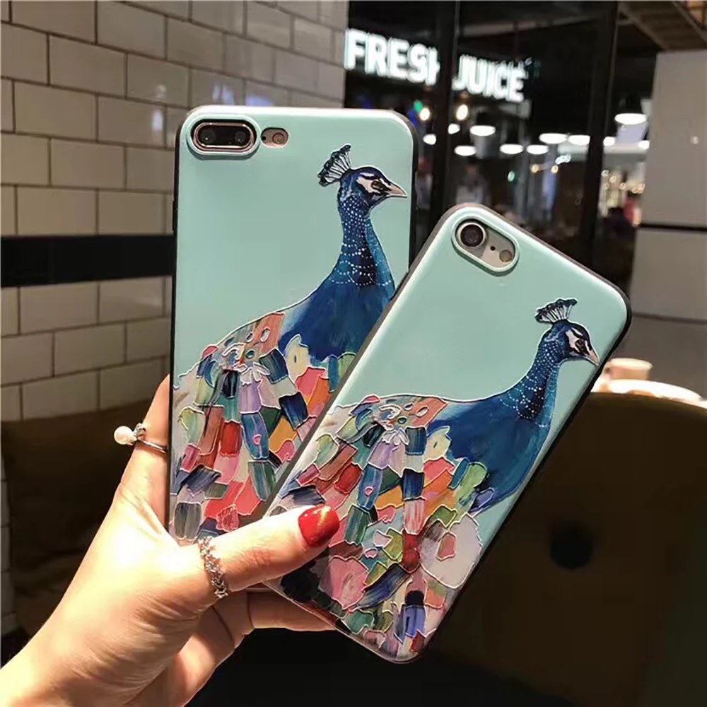Eqvvol Luxury Phone Case For iPhone X 8 7 6 6s Plus Fasion Peacock Patterned Soft TPU Cases 10 5 5s SE Embossed Shell |