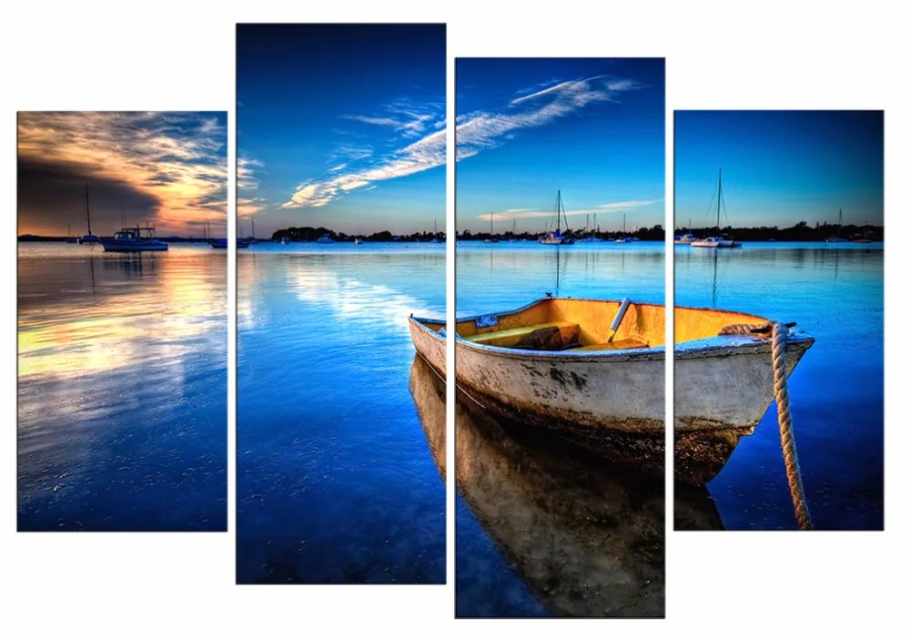 

4 Panel Boat Lake Landscape Painting Pictures Sunset Scenery Painting Beach Wall Picture Prints On Canvas