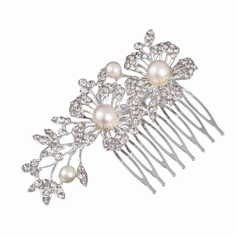 New Arrival Trendy Simulated pearl Double Flower Wedding Tiara Silver color Hair Combs Clips Bridal Accessories for women | Украшения и