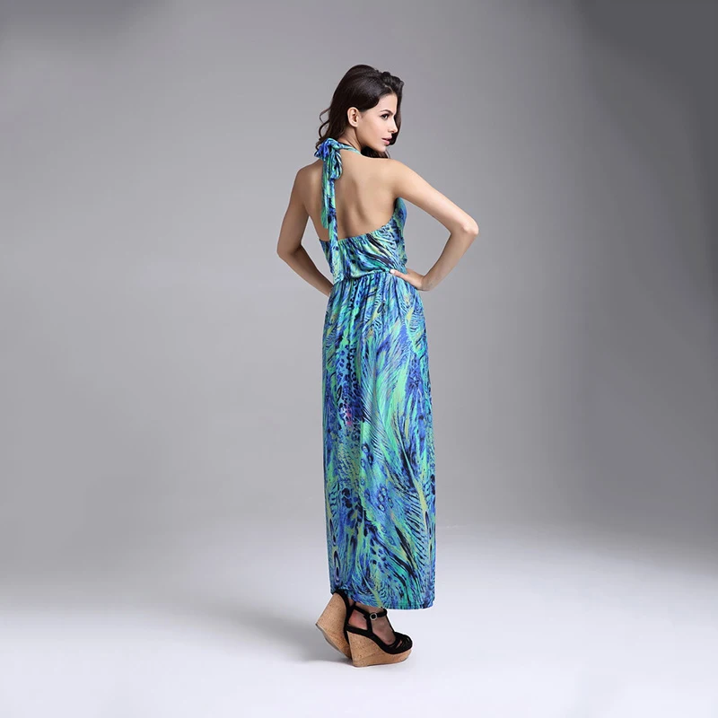 

Casual Long Slim Womens Dress Elegant Halter V Neck Peacock Feather Print Pleated Leopard Purple Maxi Sundress Vestido De W1070