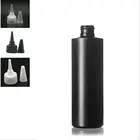 Пустая пластиковая мягкая бутылка 250 мл, круглая черная из полиэтилена высокой плотности, цилиндрический с чернымибелымипрозрачными закручивающимися крышками, с острым горлышком