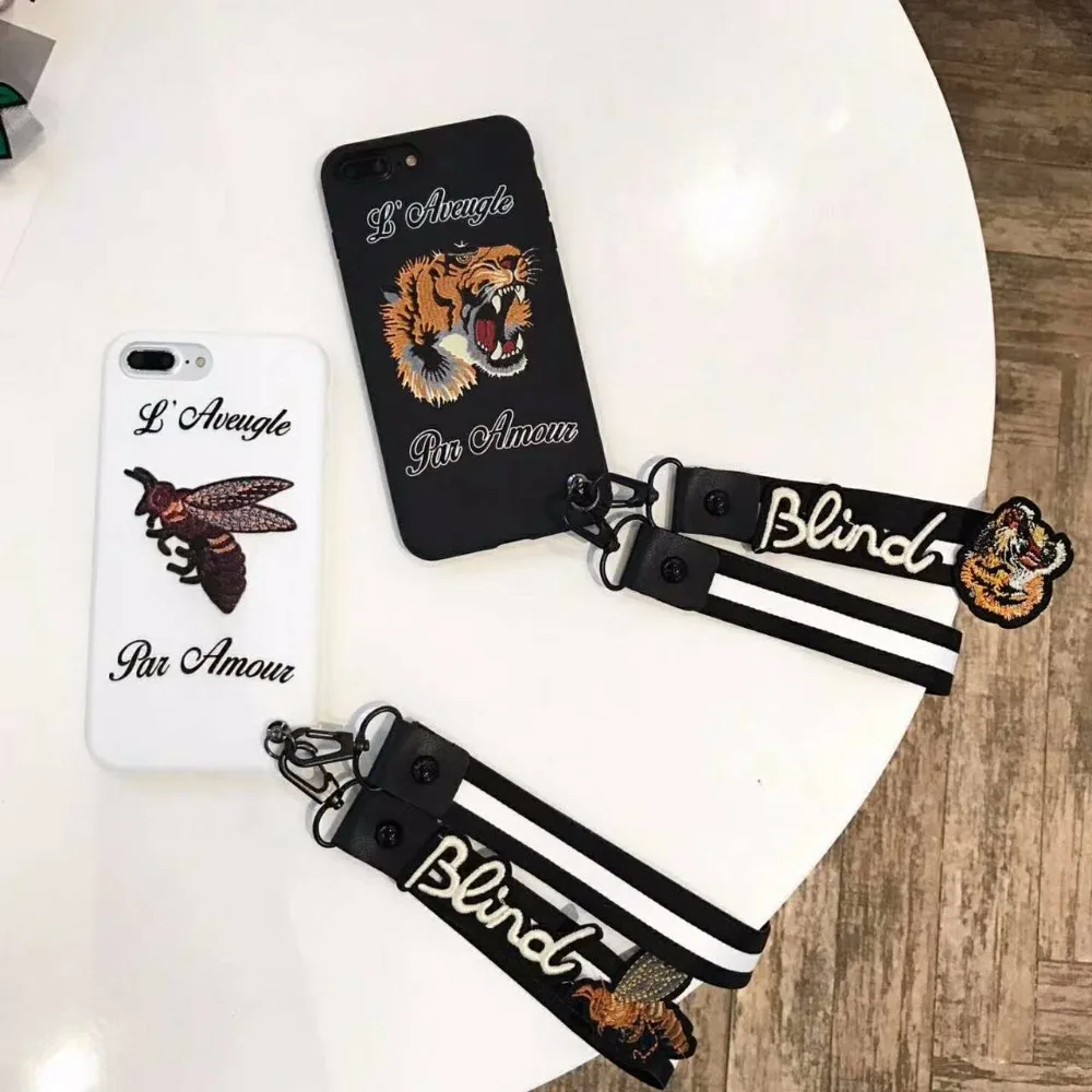 ZMASI Embossment Tiger Soft Cell Case for iPhone X 8 7 6 6s plus Relief Honeybee TPU Back Cover with Embroidery Lanyard |