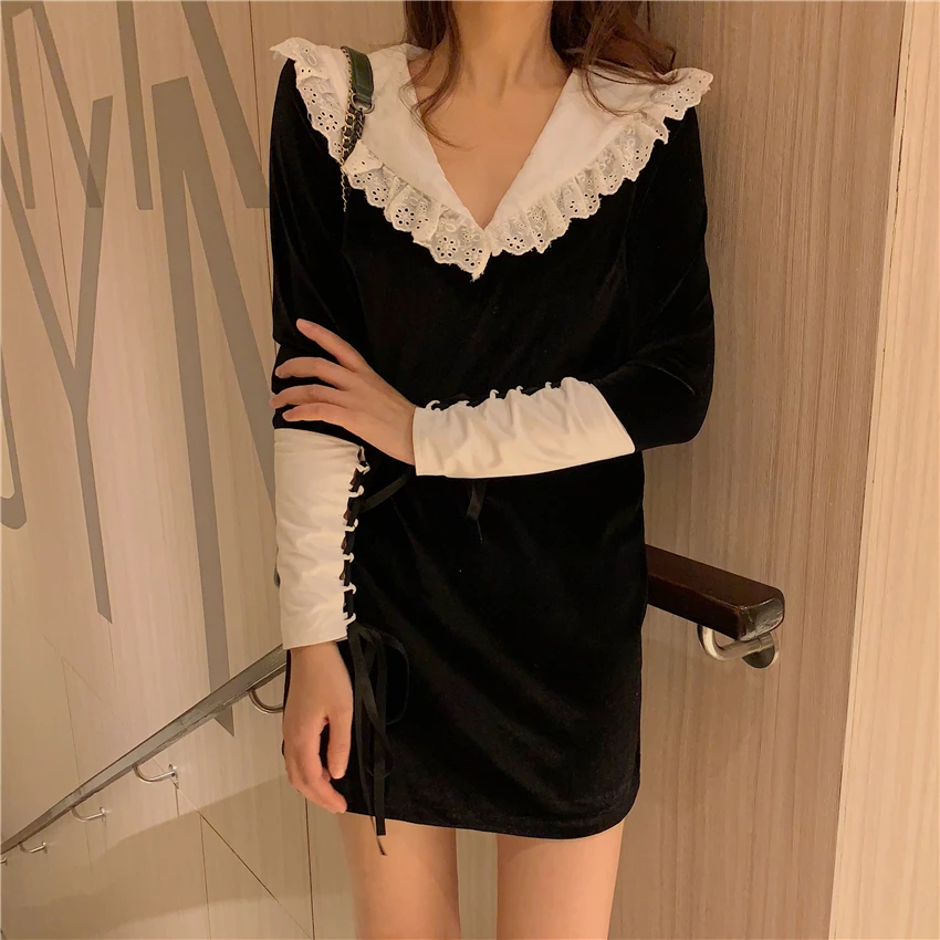 Retro Women Dress Velvet Stitching Peter Pan Collar Lace Up Long Sleeve 2019 New Sweet Female | Женская одежда