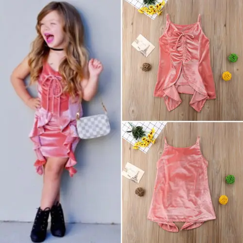 Новое розовое бархатное платье с рюшами детское для девочек без рукавов