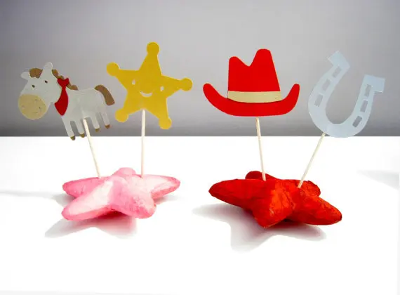 

western cowboy Cupcake Toppers wedding birthday baby shower Party food picks Horse with bandana Horseshoe Sheriff Badge Hat