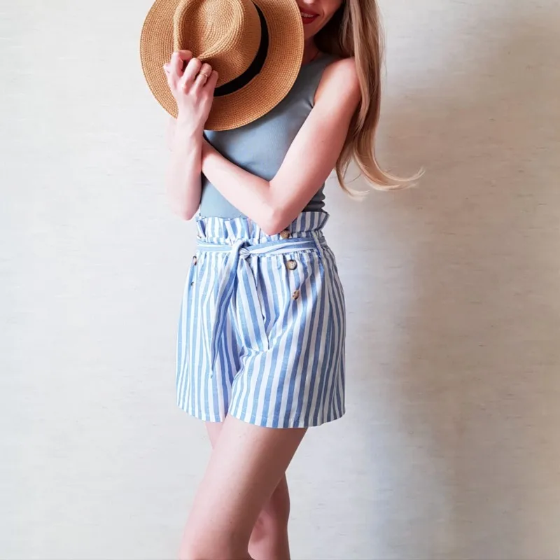 Blue High Waist Striped Sashes Shorts Women Summer Sexy Button Mini Shorts Harajuku Ladies Summer Shorts Female