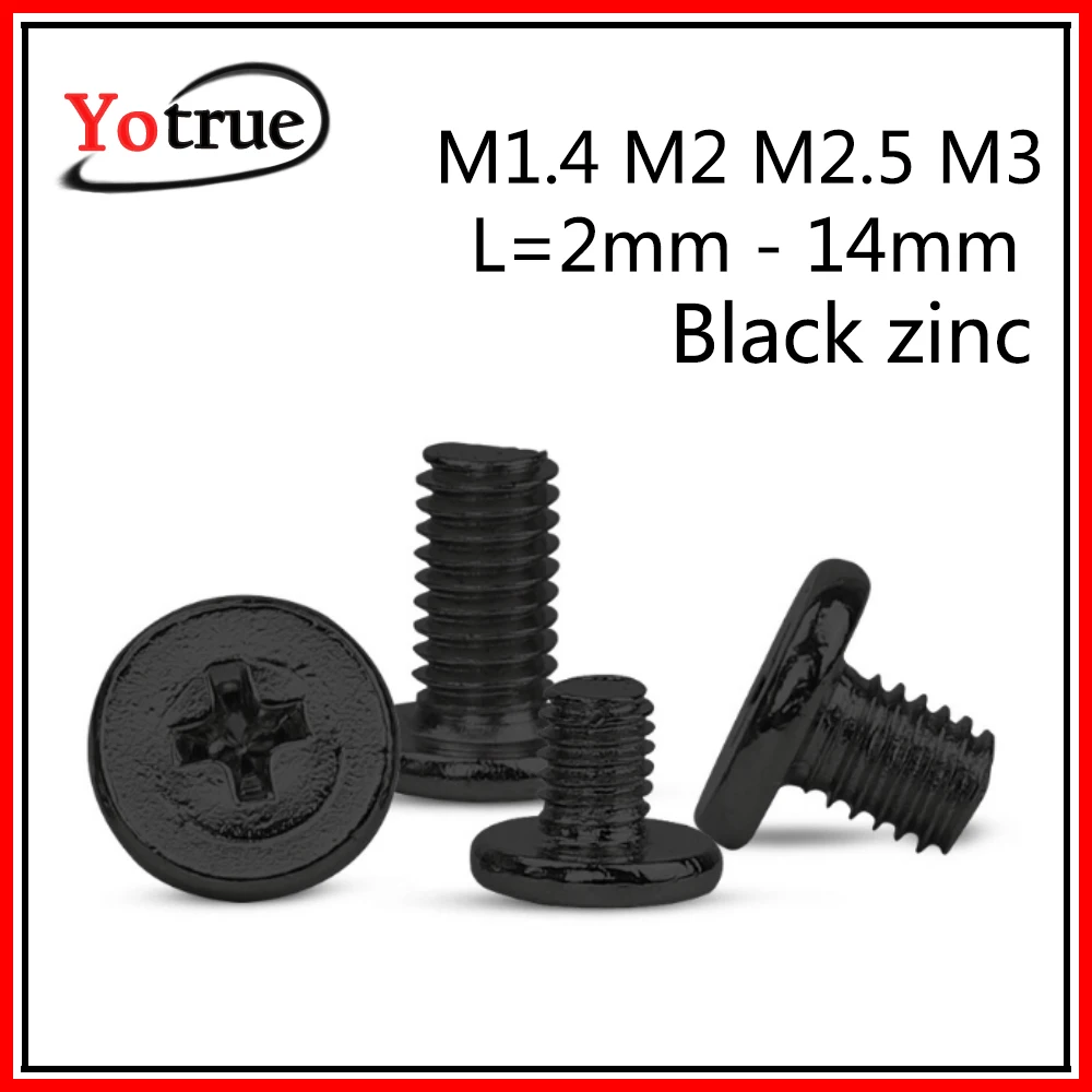 500 шт./лот M1.4/M2/M2.5/M3 * 2 мм 14 черная цинковая тонкая головка микро машина винт