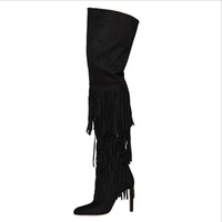 new design faux suede knee high boots women pointy tassel high heel leather motorcycle boots runway winter shoes size 34 46