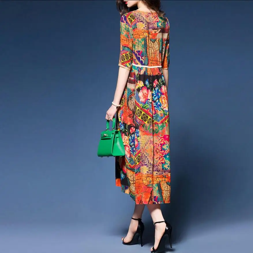 Женское шелковое платье в китайском стиле свободное вечернее с принтом новинка