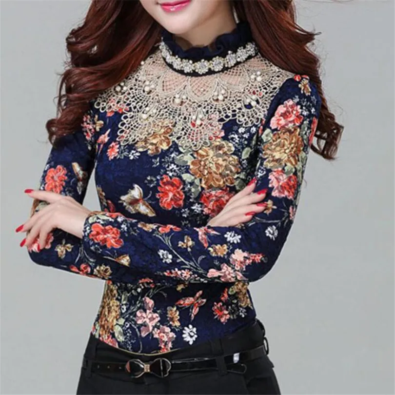 

YRRETY M-XXXL Hollow Blouse New Fashion Women's Stand Pearl Collar Lace Crochet Blouses Shirts Long Sleeve Sexy Tops For Women