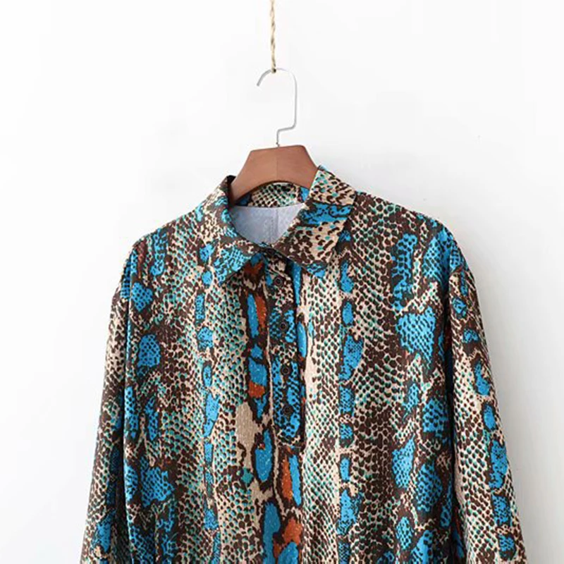 GOPLUS европейский стиль женское платье рубашка с принтом змеи отложным воротником