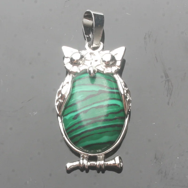 Malachite 16X28 мм овальные прозрачные кристаллы аметиста розовый кварцевый кристалл авантюрин тигровый глаз камень посеребренный Кулон Сова 1 шт.(без цепи - Окраска металла: Malachite