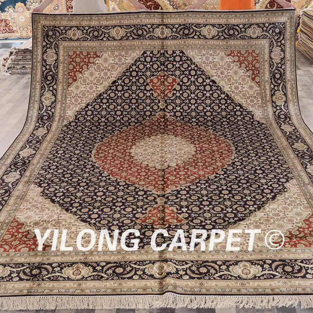 Koop Yilong 9'x12 'Antieke Handgemaakte Turkse Kleed Grote Zwart En Rood Perzische Zijde Tapijt (LH434B9x12)