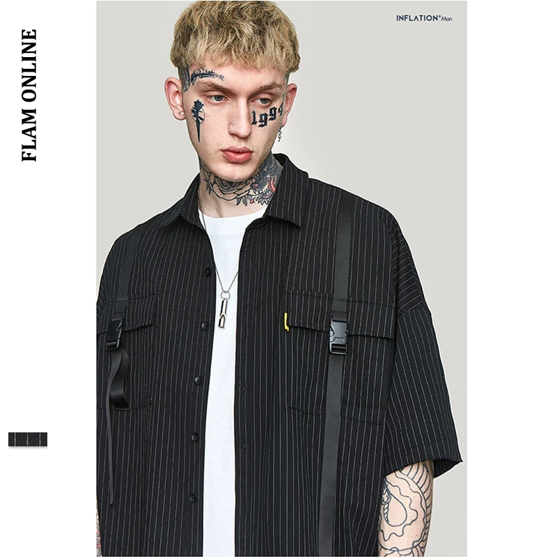 FLAM ONLINE 2019 High Quality Men Clothes Stripe Short Sleeve Casual Fashion Shirt Over sized Male Shirts Street wear | Мужская одежда
