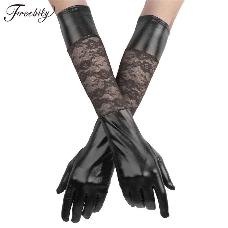 Женские кружевные длинные перчатки эластичные блестящие WetLook сатиновые для