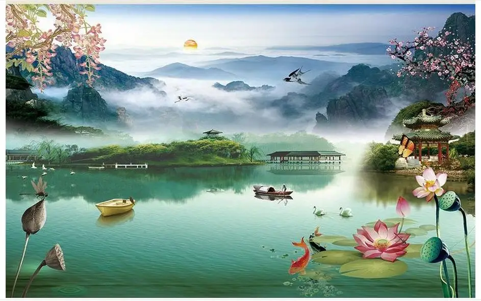 Оригинальные высококачественные настенные 3d обои фрески Jiangnan живопись водного