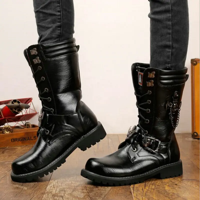 

New fashion Male High shoes casual rubber mid calf Motorcycle army military black desert boots Men's shoes boots OO-78