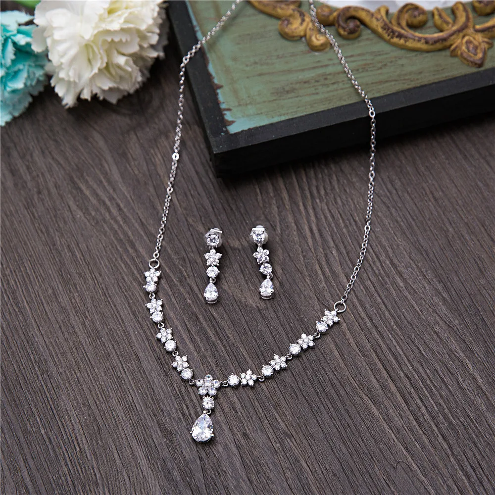 AAA прозрачный кубический цирконий цветок ожерелье серьги Ювелирные наборы