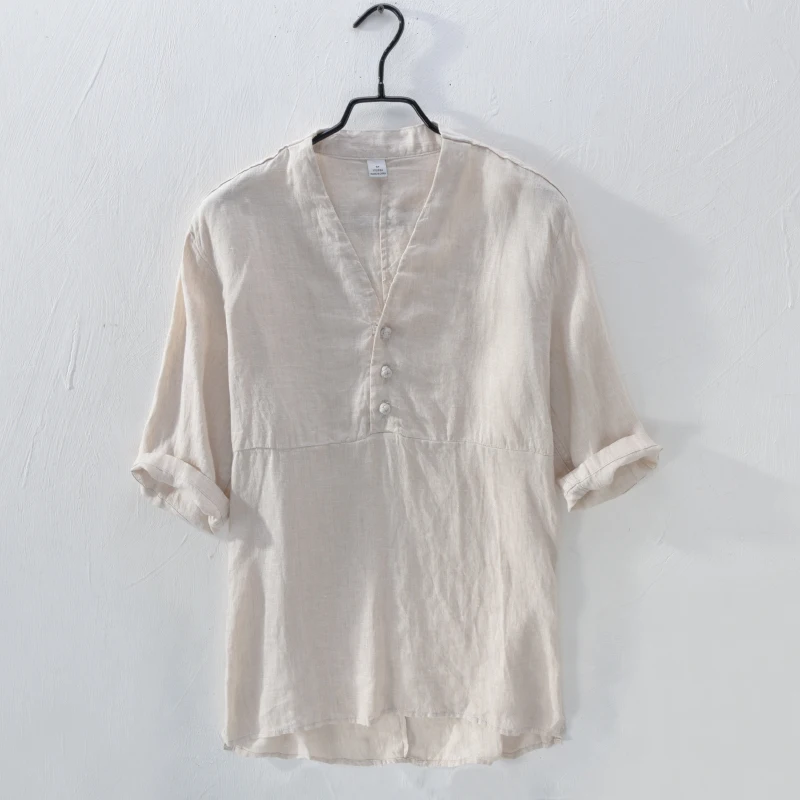 

Italy brand short sleeve linen shirts men summer V neck casual breathable flax shirt men designer splice camisas para hombre