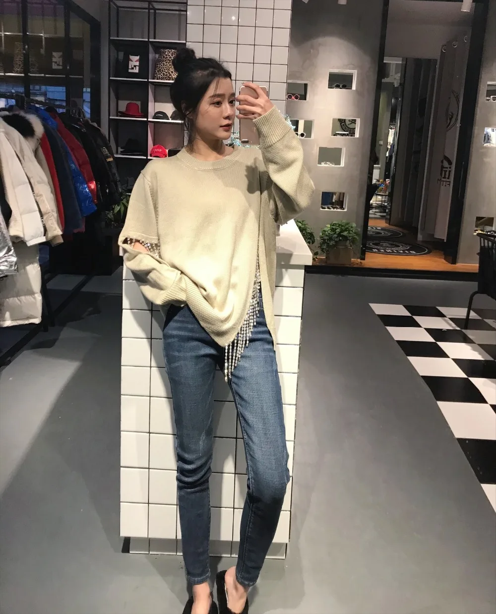 Cakucool Beading Chain Knit Tops Women Long Sleeve O-neck Sequined Slit Sweaters Shiny Jumpers Sweater Pullovers Female | Женская одежда