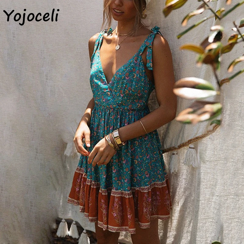 Yojoceli boho платье с пляжным цветочным принтом женское 2019 летнее v-образным вырезом и
