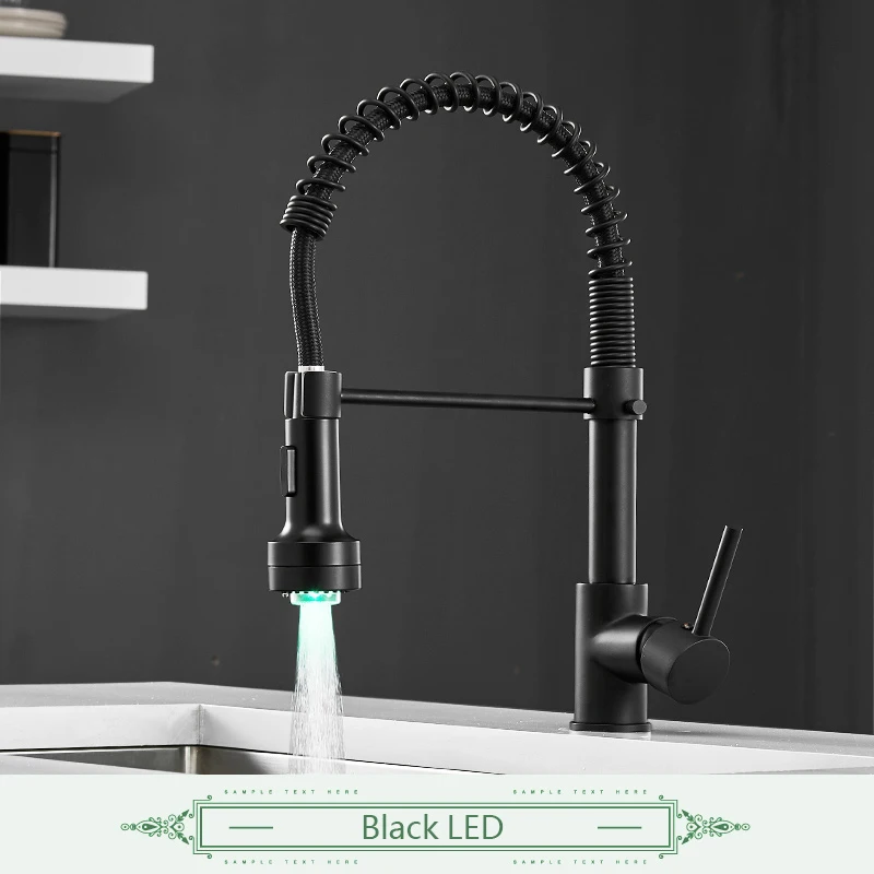 Black LED Весенний стиль, кухонный кран, матовый никель, кран, выдвижной, Torneira, все вокруг, вращается, поворотный, 2 функции, выход воды, смеситель - Цвет: Black LED