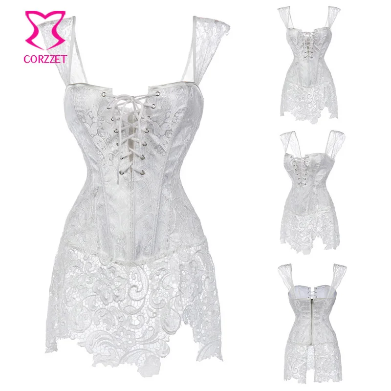 Белый узор Пейсли и кружевной подол Свадебный корсет Викторианский корсетт для