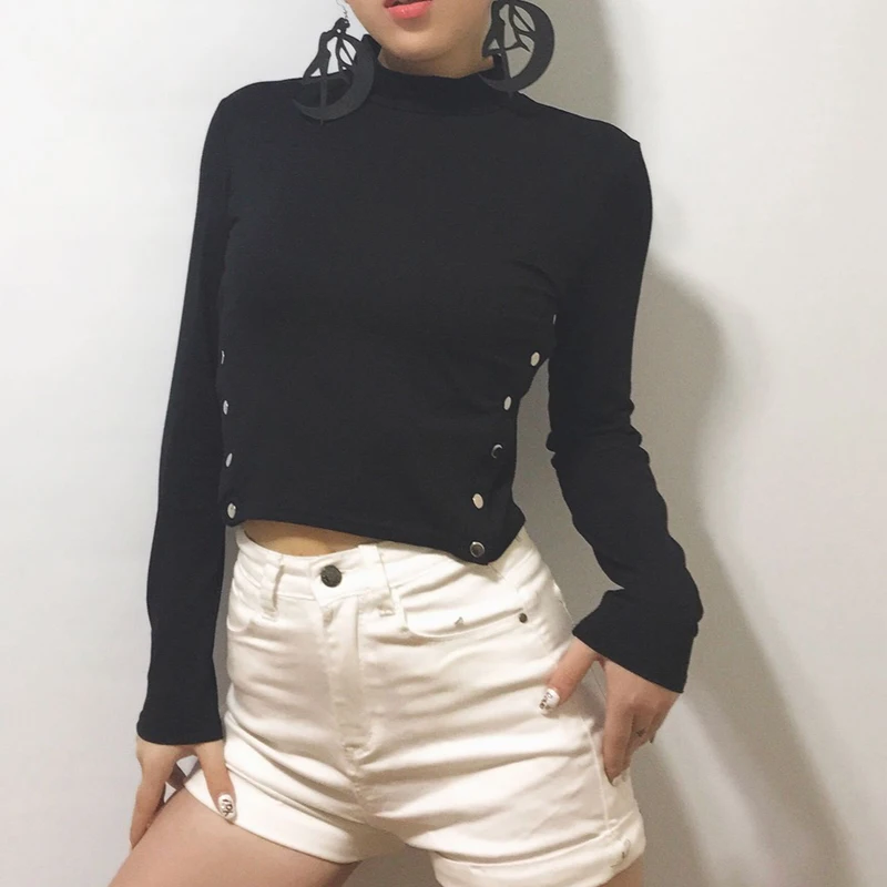 Женская облегающая футболка с металлической пряжкой водолазка для женщин топы