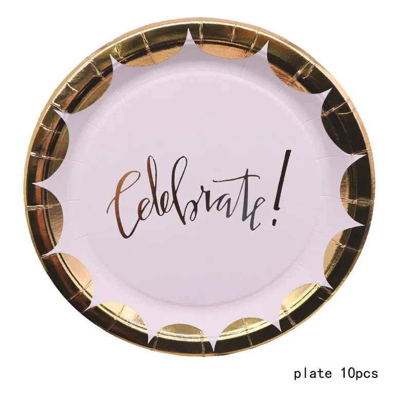 gold plate 10pcs Принадлежности для дня рождения, одноразовые свадебные украшения из фольги золотого и белого цвета, вечерние декоративные столовые принадлежности, набор бумажных соломенных тарелок - Цвет: gold plate 10pcs